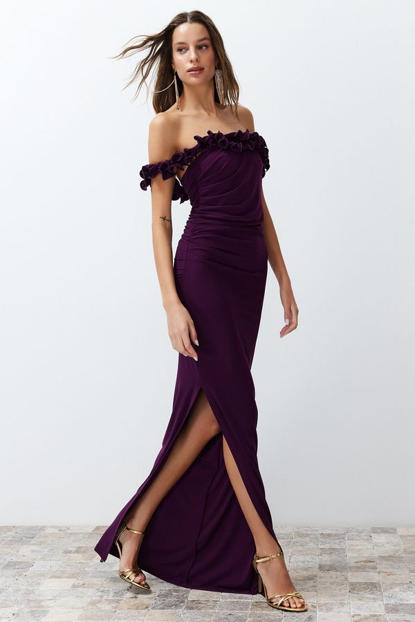 Trendyol Trendyol Damson Fitted Knitted Long Evening Evening Dress