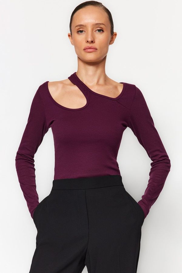 Trendyol Trendyol Damson Ribbed Cut Out/Window Detail Fitted/Sticky Cotton Stretch Knit Blouse