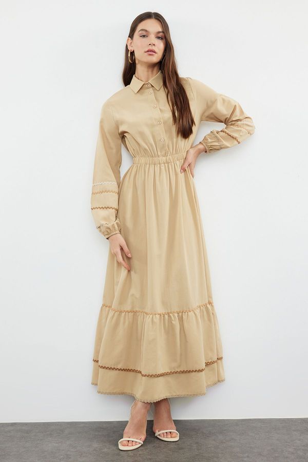 Trendyol Trendyol Dark Beige Stripe Detailed Half Patchwork Cotton Woven Dress