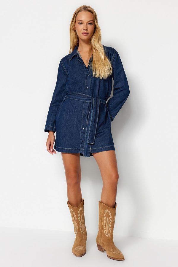 Trendyol Trendyol Dark Blue Belted Denim Mini Shirt Dress