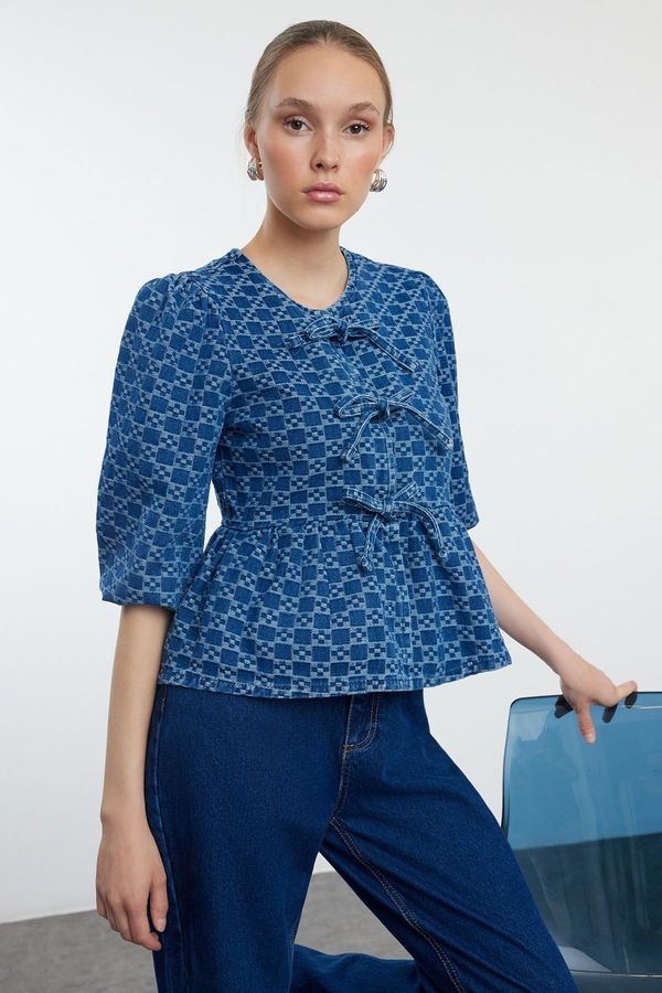 Trendyol Trendyol Dark Blue Jacquard Front Tie Denim Blouse