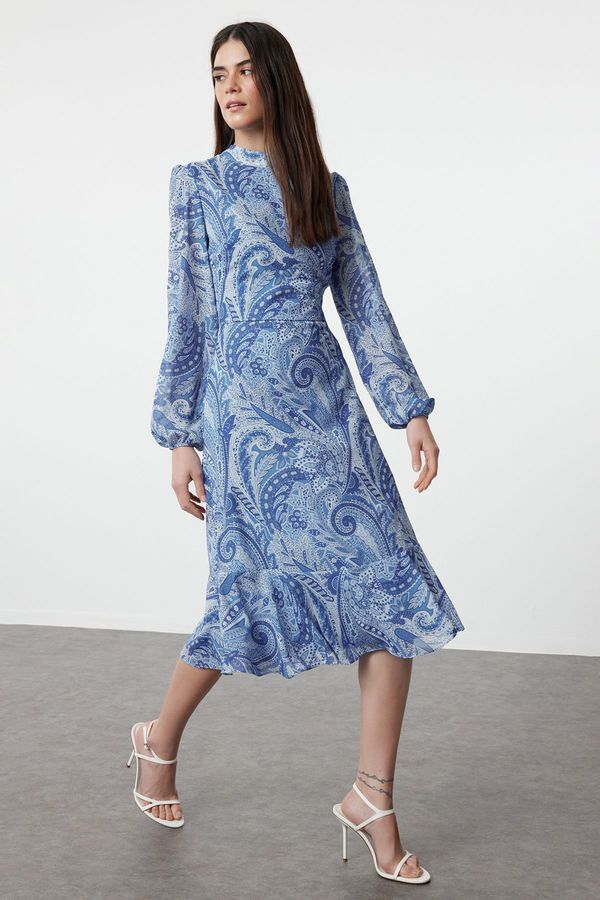 Trendyol Trendyol Dark Blue Patterned Flounce Midi Woven Dress