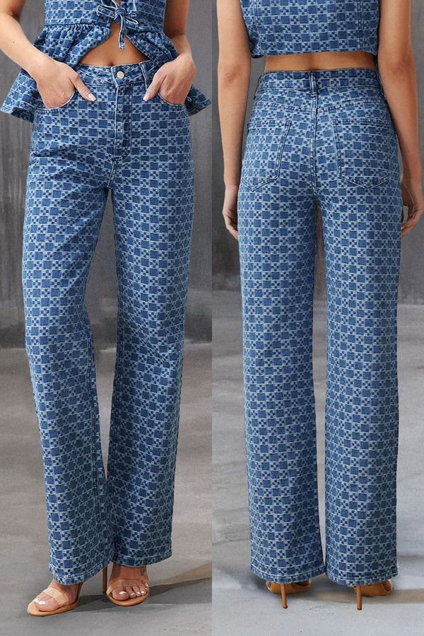 Trendyol Trendyol Dark Blue Patterned High Waist Wide Leg Jeans