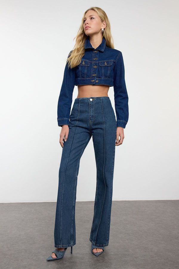 Trendyol Trendyol Dark Blue Ribbed High Waist Wide Leg Jeans