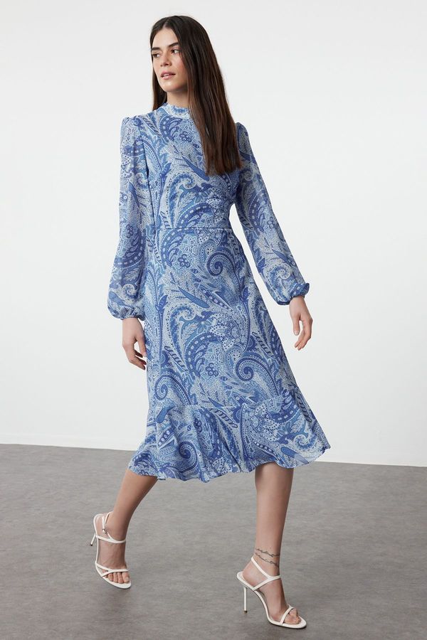 Trendyol Trendyol Dark Blue Shawl Pattern Chiffon Lined Woven Dress