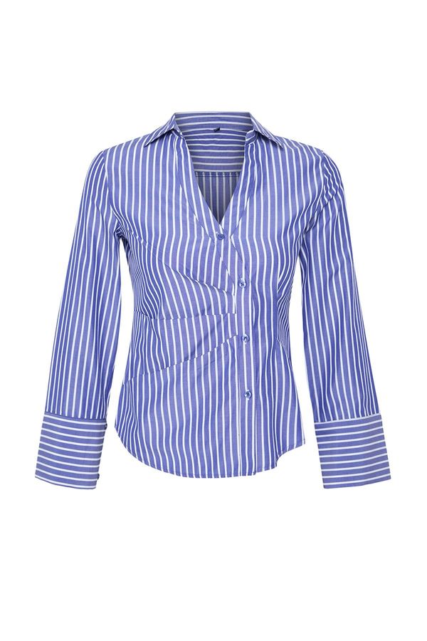 Trendyol Trendyol Dark Blue Side Button Detailed Striped Regular Regular Fit Shirt