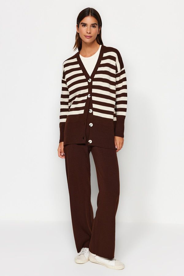 Trendyol Trendyol Dark Brown Button Detailed Jacquard Striped Cardigan Trousers Knitwear Two Piece Set