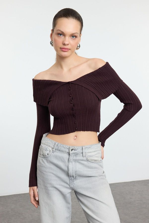 Trendyol Trendyol Dark Brown Crop Premium Yarn/Special Yarn Knitwear Cardigan