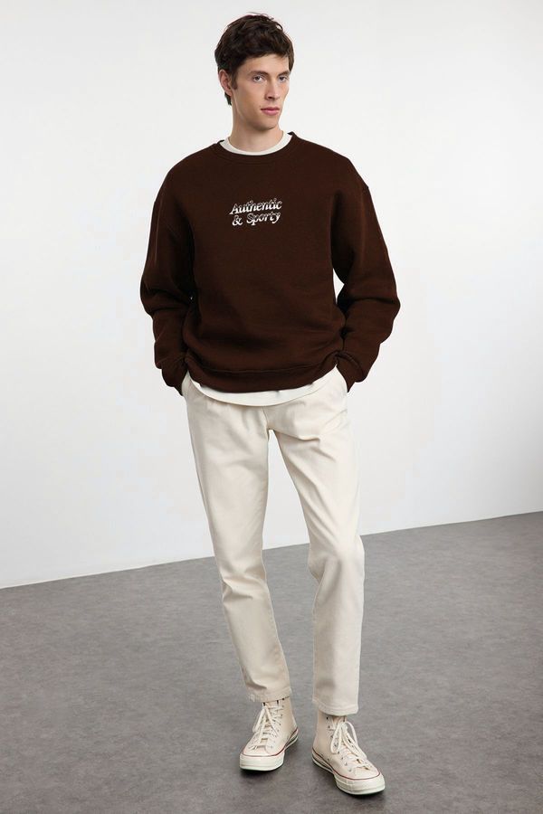 Trendyol Trendyol Dark Brown Oversize/Wide Cut Authentic&Sporty Embroidered Inside Polar Fleece Sweatshirt