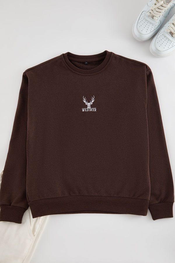 Trendyol Trendyol Dark Brown Oversize/Wide Cut Crew Neck Long Sleeve Animal Embroidered Sweatshirt