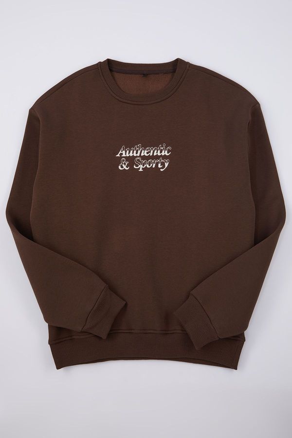 Trendyol Trendyol Dark Brown Oversize/Wide Cut Embroidered Sweatshirt with Fleece Inside