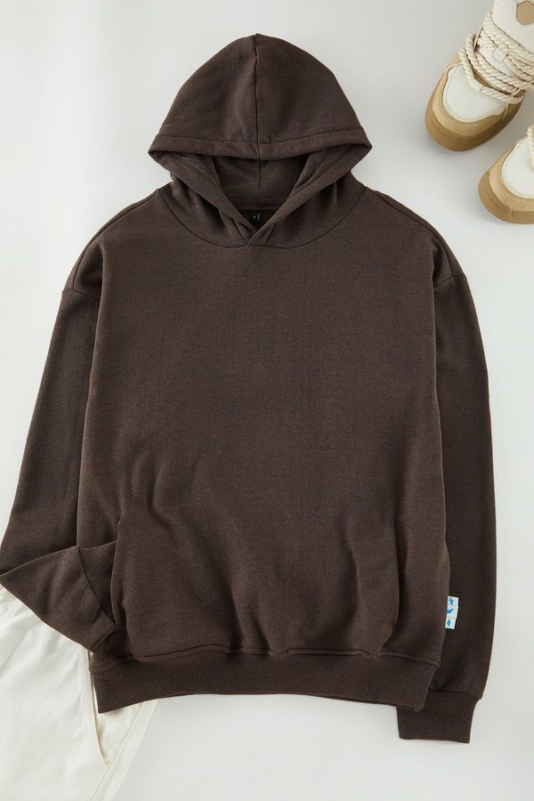 Trendyol Trendyol Dark Brown Oversize/Wide Cut Fleece Inside Sweatshirt