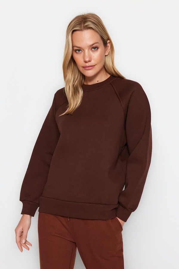 Trendyol Trendyol Dark Brown Relaxed Fit Basic Raglan Sleeve Crew Neck Knitted Sweatshirt