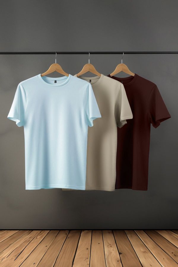 Trendyol Trendyol Dark Brown-Stone-Light Blue Slim/Slim Cut Crew Neck 100% Cotton 3-Pack T-Shirt