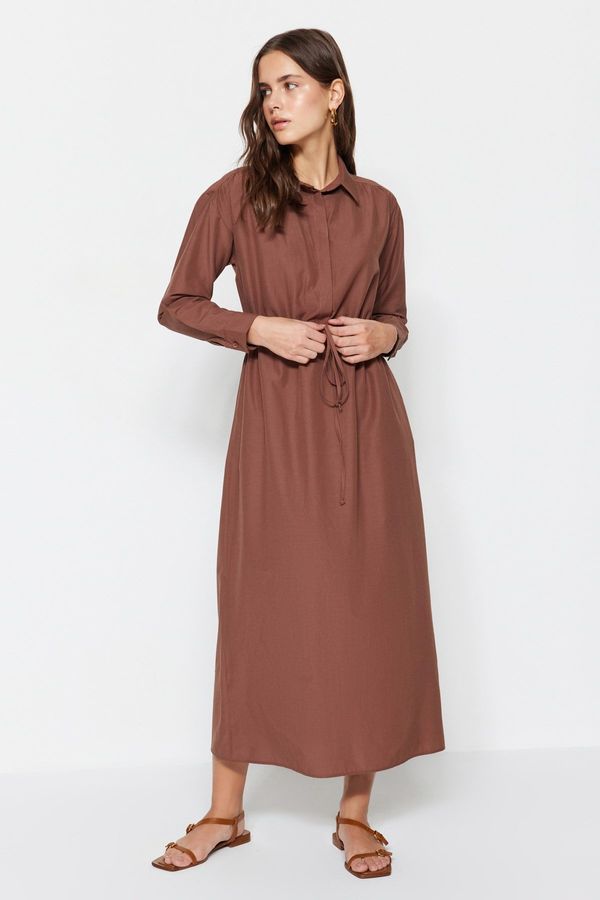 Trendyol Trendyol Dark Brown Waist Gathered Cotton Woven Dress