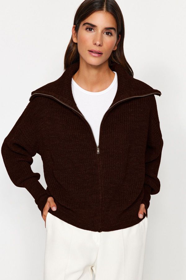 Trendyol Trendyol Dark Brown Wide Pattern Turn-down Collar Zippered Knitwear Cardigan