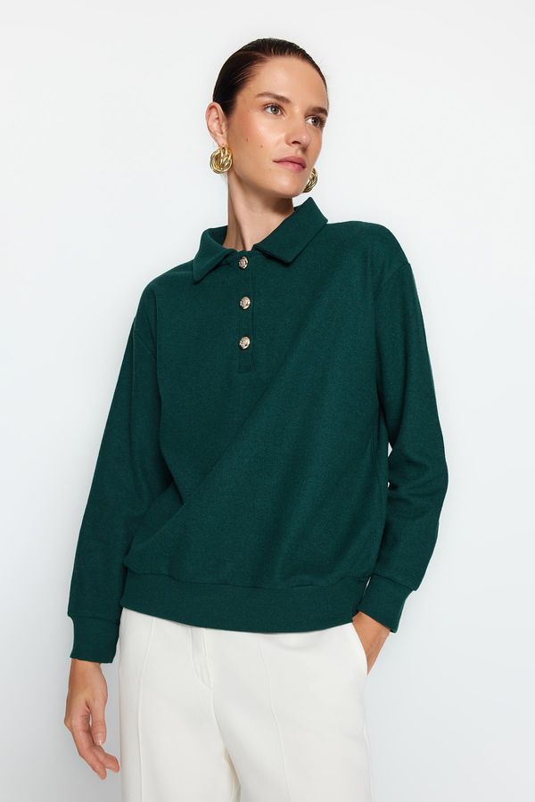Trendyol Trendyol Dark Emerald Green Thessaloniki/Knitwear Look, Regular Fit With Buttons Knitted Sweatshirt
