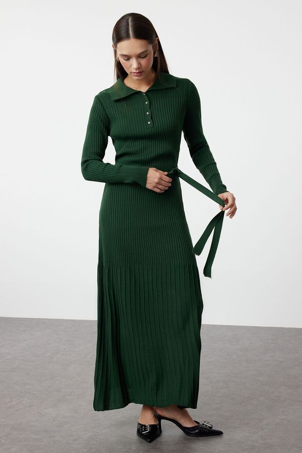 Trendyol Trendyol Dark Green Belted Polo Neck Ribbed Knitwear Dress