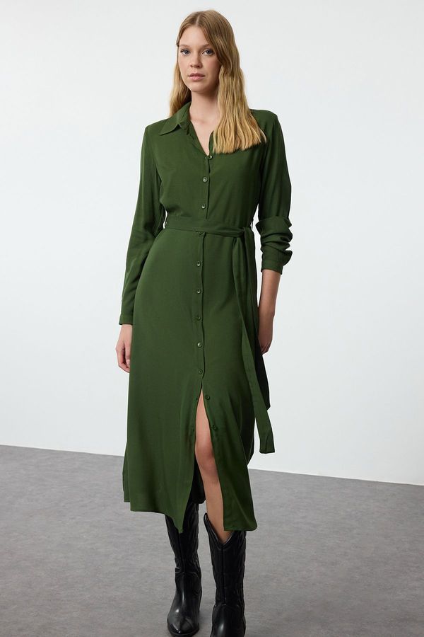 Trendyol Trendyol Dark Green Belted Viscose Midi Woven Shirt Dress