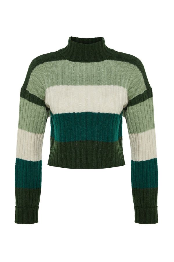 Trendyol Trendyol Dark Green Crop Soft Textured Color Block Knitwear Sweater