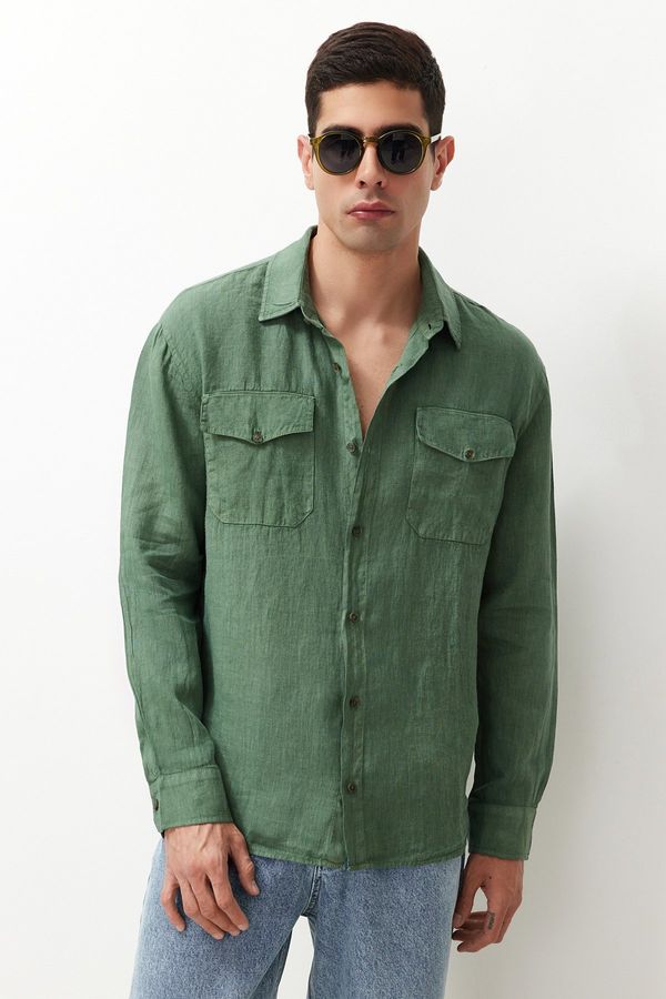 Trendyol Trendyol Dark Green Limited Edition 100% Linen Regular Fit Shirt