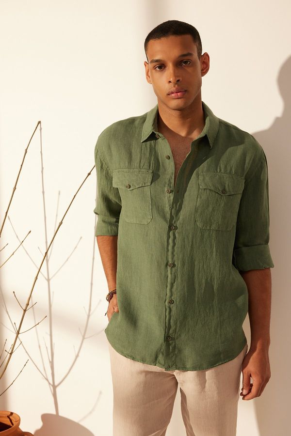 Trendyol Trendyol Dark Green Limited Edition 100% Linen Regular Fit Shirt