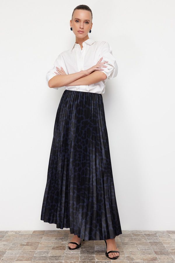 Trendyol Trendyol Dark Navy Blue Pleated Animal Print Printed Flexible Knitted Skirt