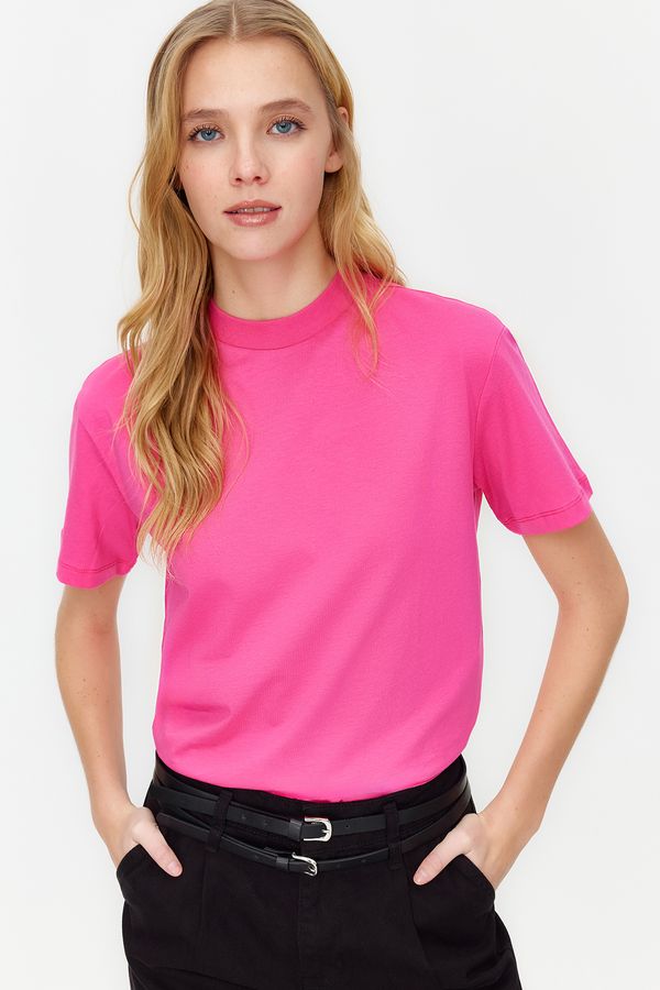 Trendyol Trendyol Dark Pink 100% Cotton Basic Stand Collar Knitted T-Shirt