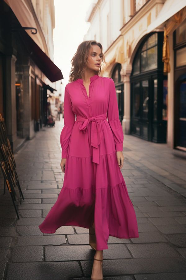 Trendyol Trendyol Dark Pink Woven Dress with a Belt and Grand Collar Button Detail