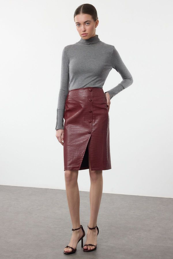 Trendyol Trendyol Dark Red Limited Edition Faux Snakeskin Slit Detailed Midi Woven Skirt