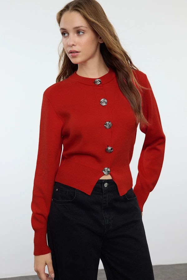 Trendyol Trendyol Dark Red Premium Yarn/Special Yarn Crop Rose Button Detail Knitted Cardigan