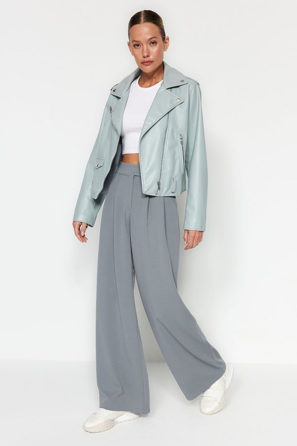 Trendyol Trendyol Dolphin Gray With Velcro Belt High Waist Pleated Wide Leg Knitted Pants