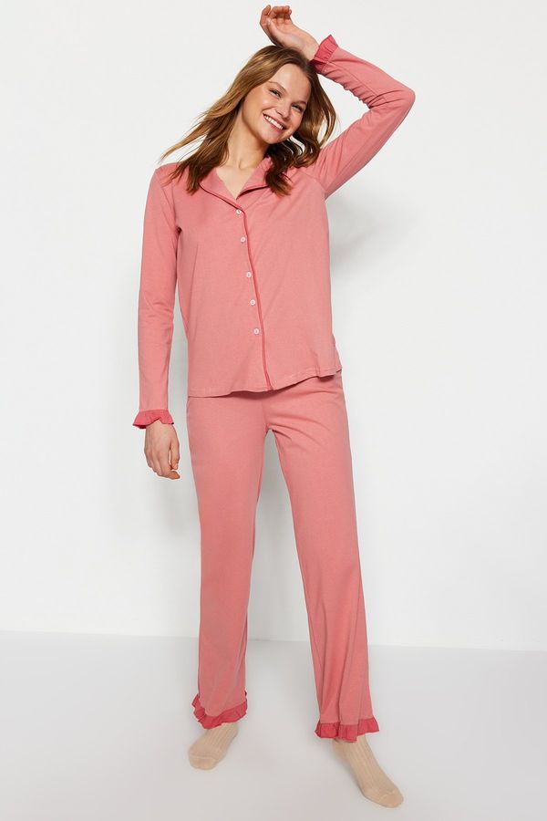 Trendyol Trendyol Dried Rose 100% Cotton Ruffled Pile Shirt-Pants Knitted Pajamas Set