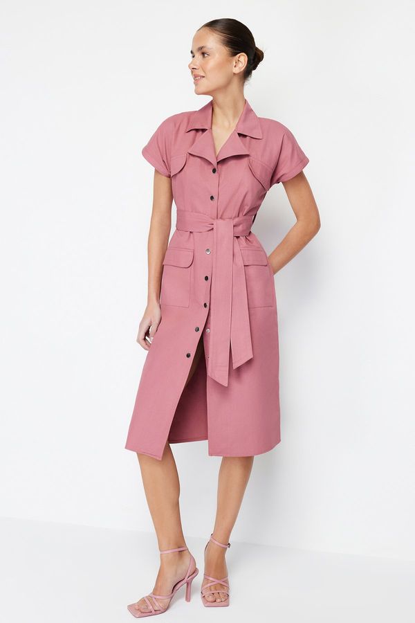 Trendyol Trendyol Dried Rose Belted Wide Fit Gabardine Midi Shirt Dress