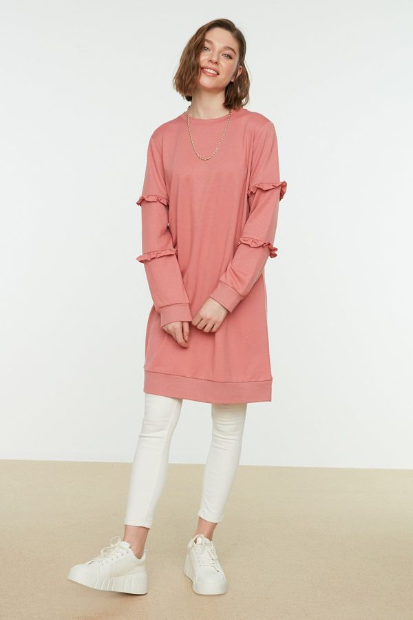 Trendyol Trendyol Dried Rose Crewneck Knitted Tunic With Frill Sleeves
