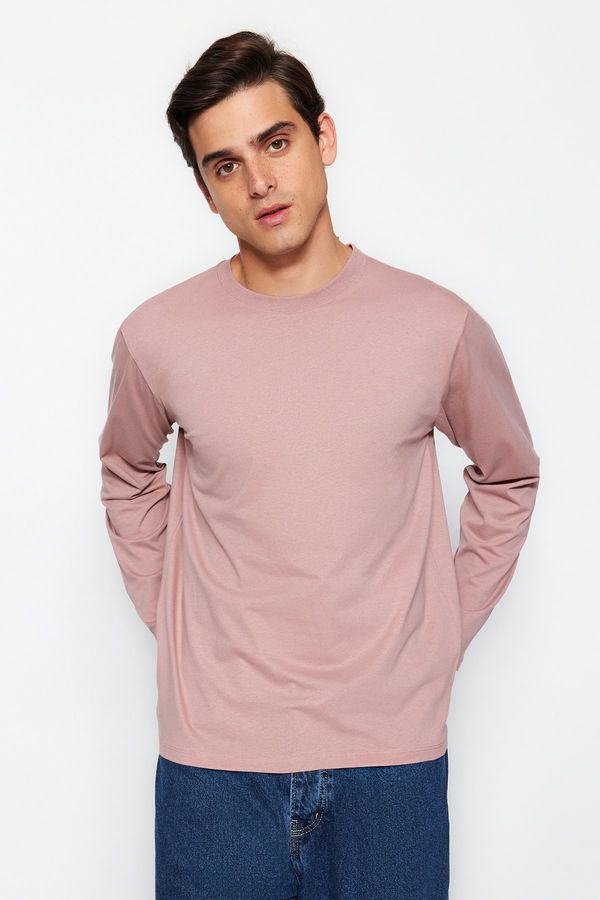 Trendyol Trendyol Dried Rose Men's Basic Regular/Normal Cut Crew Neck Long Sleeve 100% Cotton T-Shirt