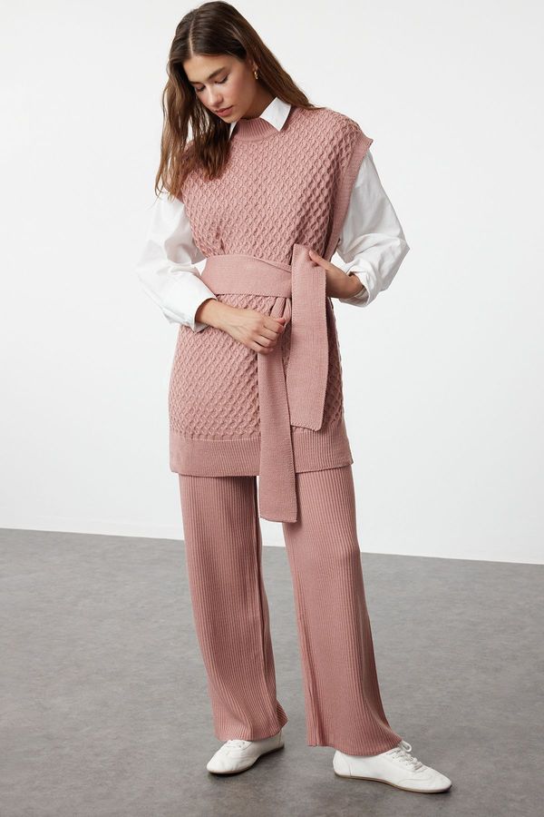 Trendyol Trendyol Dusty Rose Belted Brass Knitted Sweater-Pants Knitwear Bottom-Top Set