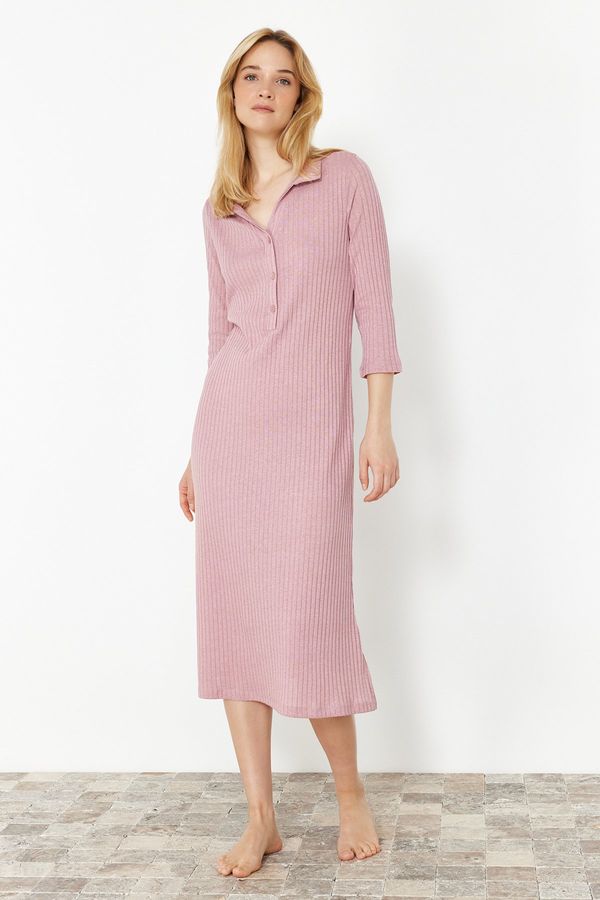 Trendyol Trendyol Dusty Rose Cotton Button and Slit Detailed Corduroy Knitted Nightgown