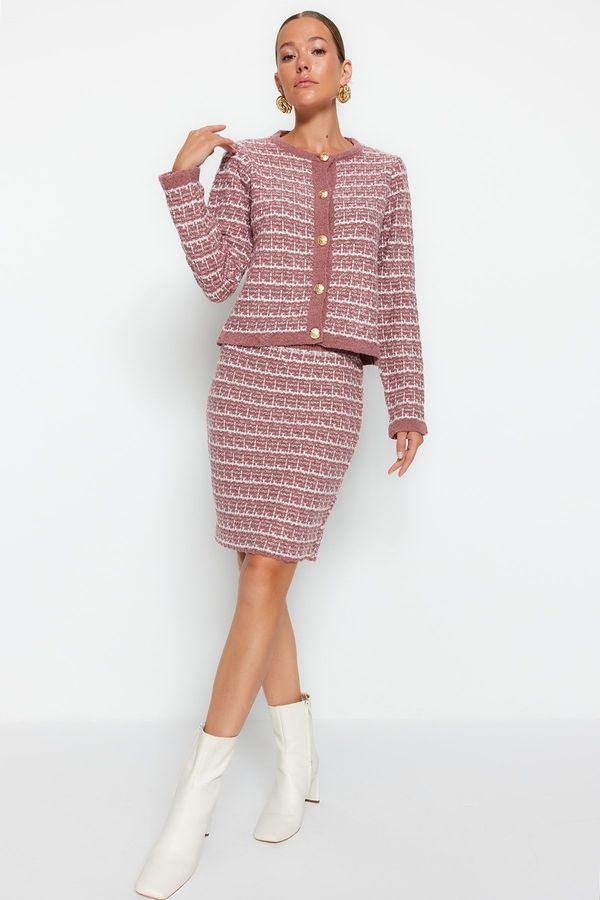 Trendyol Trendyol Dusty Rose Knitted Detail Cardigan-Skirt Knitwear Bottom-Top Set