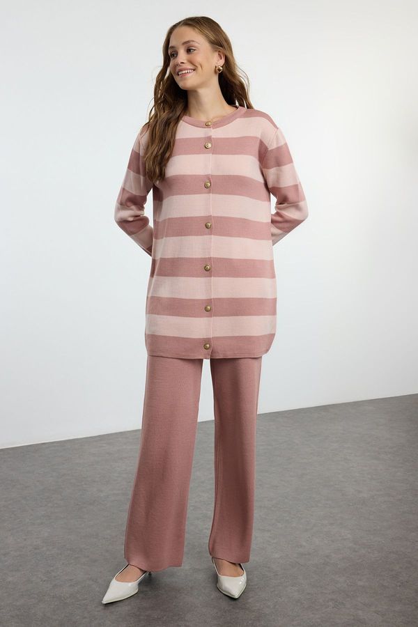 Trendyol Trendyol Dusty Rose Striped Knitwear Cardigan Trousers Top-Bottom Set