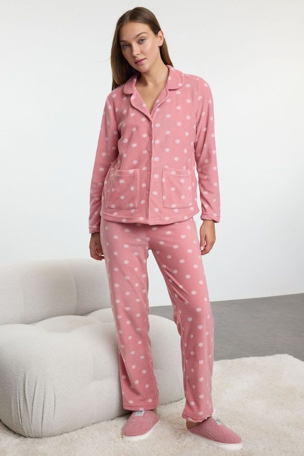 Trendyol Trendyol Dusty Rose Winter Themed Pocket Polar Fleece Knitted Pajama Set