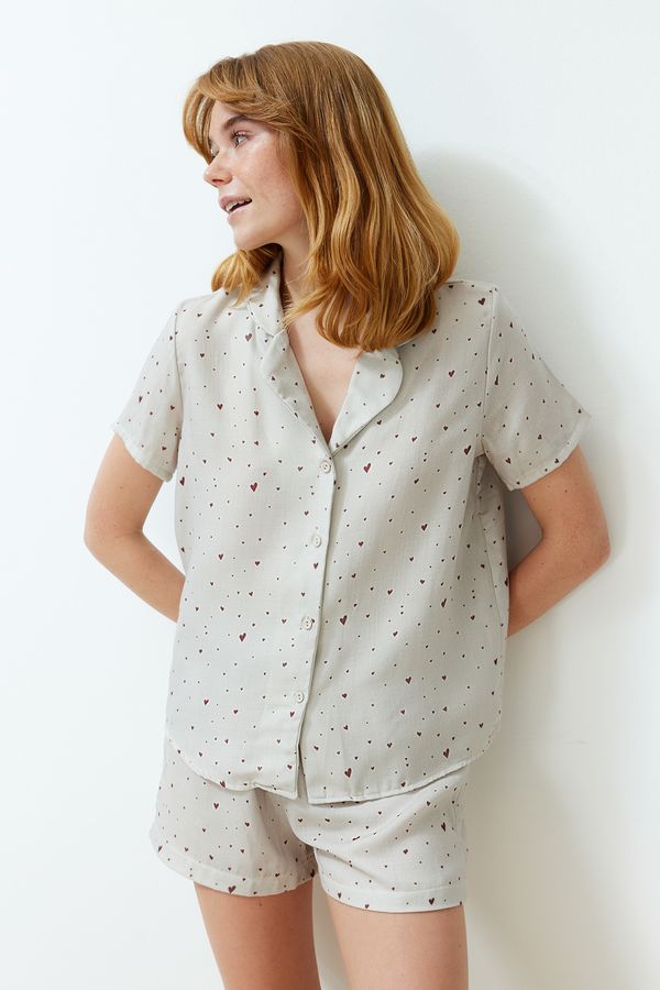 Trendyol Trendyol Ecru 100% Cotton Heart Patterned Muslin Woven Pajamas Set
