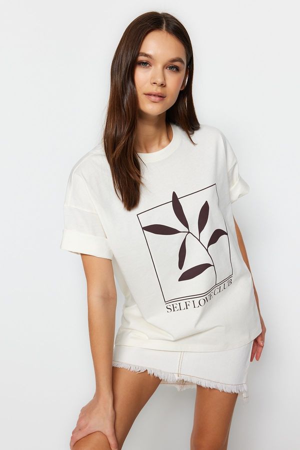 Trendyol Trendyol Ecru 100% Cotton Printed Relaxed/Wide Relaxed Cut Crew Neck Knitted T-Shirt