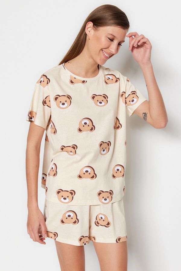 Trendyol Trendyol Ecru 100% Cotton Teddy Bear Patterned T-shirt-Shorts Knitted Pajama Set