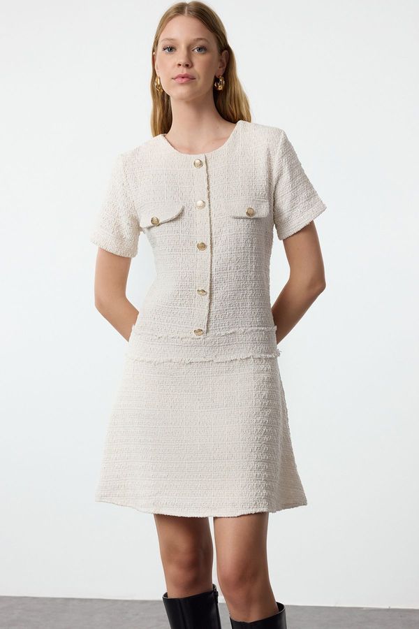 Trendyol Trendyol Ecru A-Line Button Detailed Mini Tweed Woven Dress