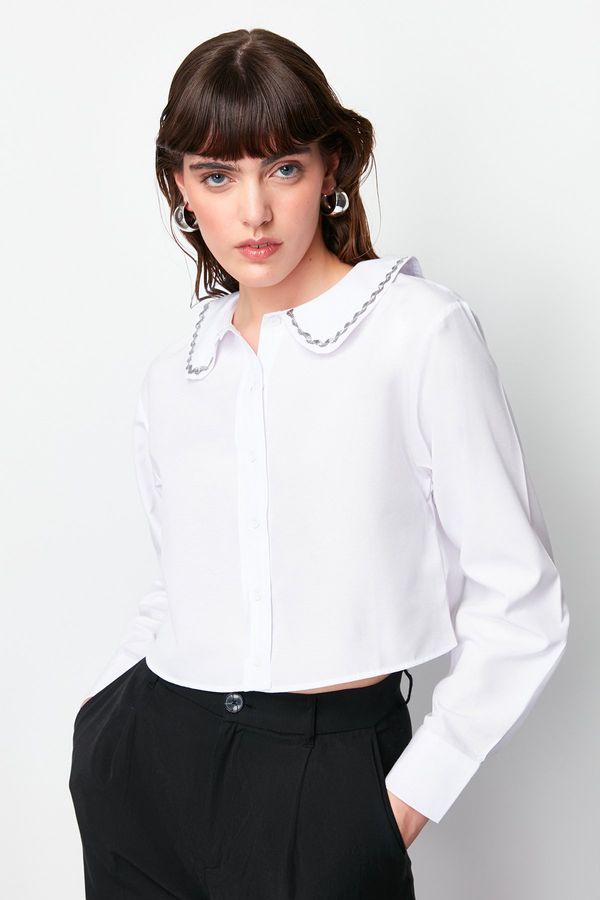 Trendyol Trendyol Ecru Baby Collar Silver Stripe Detailed Crop Oversize/Wide Fit Woven Shirt