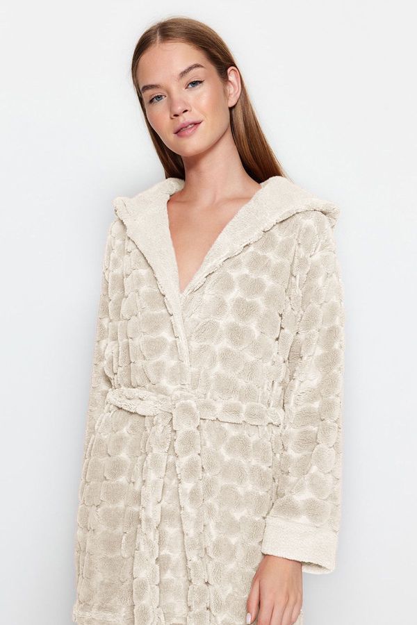 Trendyol Trendyol Ecru Belted Heart Patterned Fleece Knitted Dressing Gown