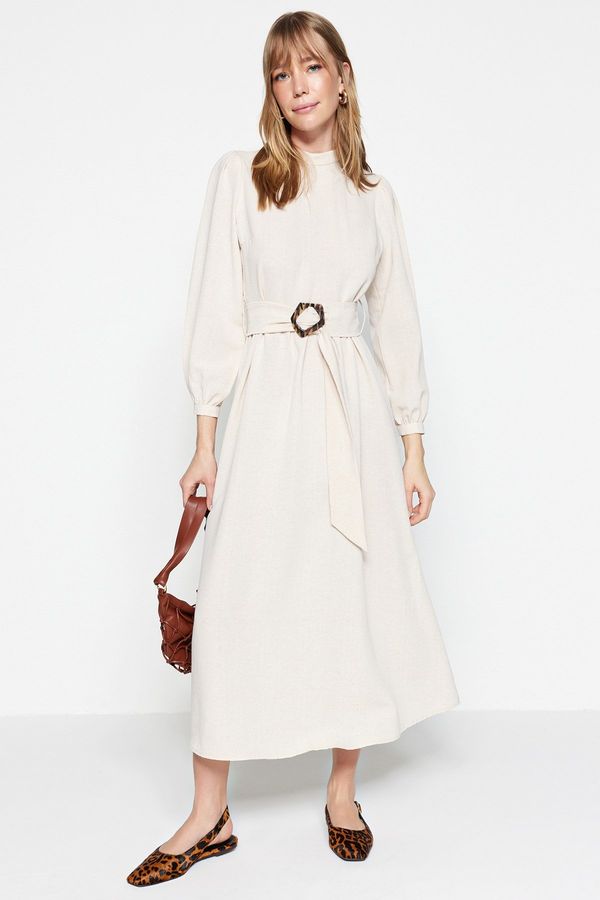 Trendyol Trendyol Ecru Belted High Neck Linen Look Woven Dress