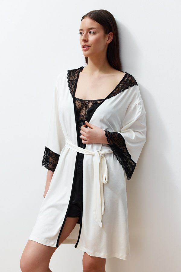 Trendyol Trendyol Ecru Belted Lace Detailed Knitted Dressing Gown