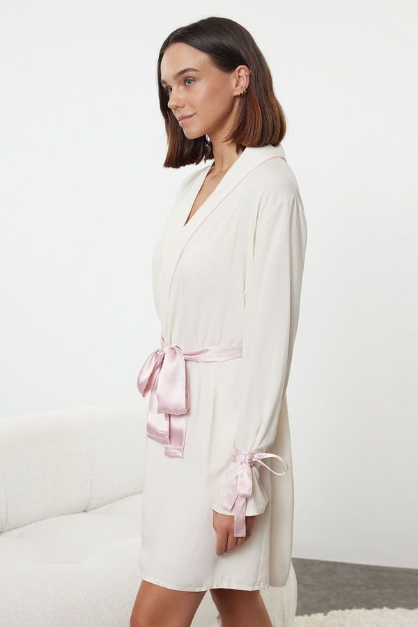 Trendyol Trendyol Ecru Belted Tie/Ribbon/Bow and Piping Detailed Woven Dressing Gown